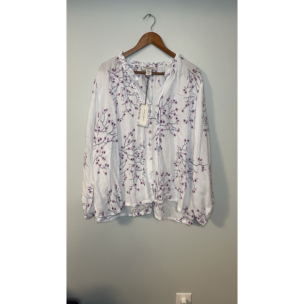 NWT Laura Ashley Oriental Blossoms White Blouse, Pink Cherry Blossoms Plus Sz 2X